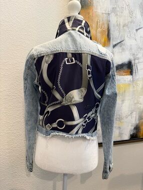 Denim Jacket with Navy Equestrian Print Back, Small NWT